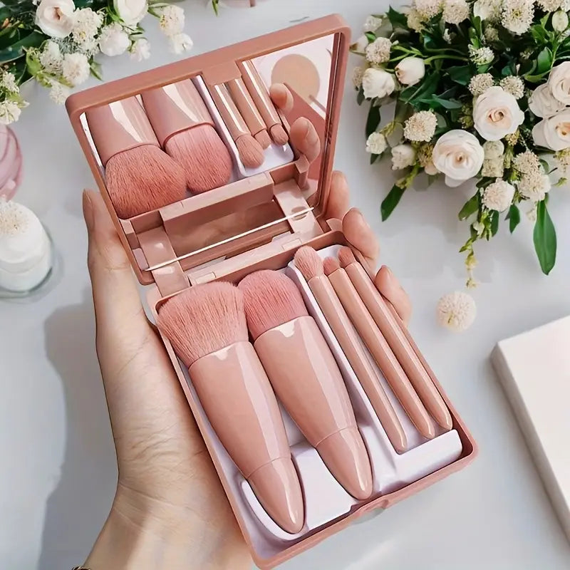 Portable 5-in-1 Mini Makeup Brush with Mirror – All-in-One Compact Beauty Tool for On-the-Go Touch-Ups