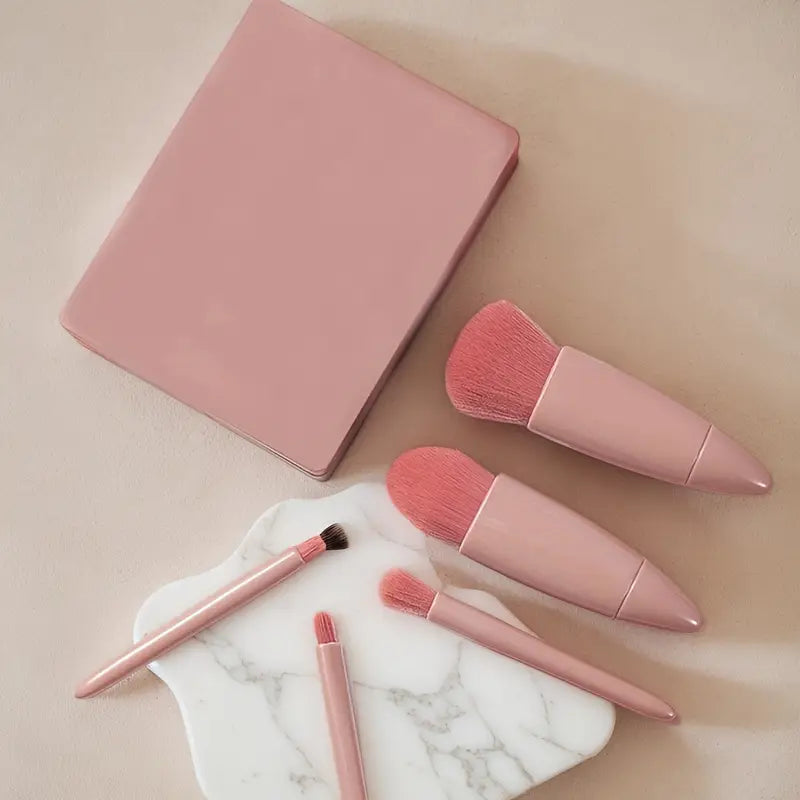 Portable 5-in-1 Mini Makeup Brush with Mirror – All-in-One Compact Beauty Tool for On-the-Go Touch-Ups
