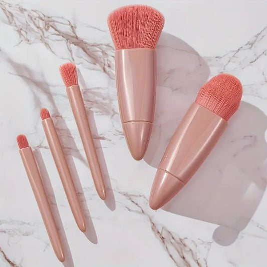 Portable 5-in-1 Mini Makeup Brush with Mirror – All-in-One Compact Beauty Tool for On-the-Go Touch-Ups