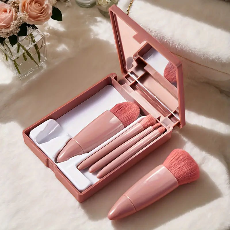 Portable 5-in-1 Mini Makeup Brush with Mirror – All-in-One Compact Beauty Tool for On-the-Go Touch-Ups
