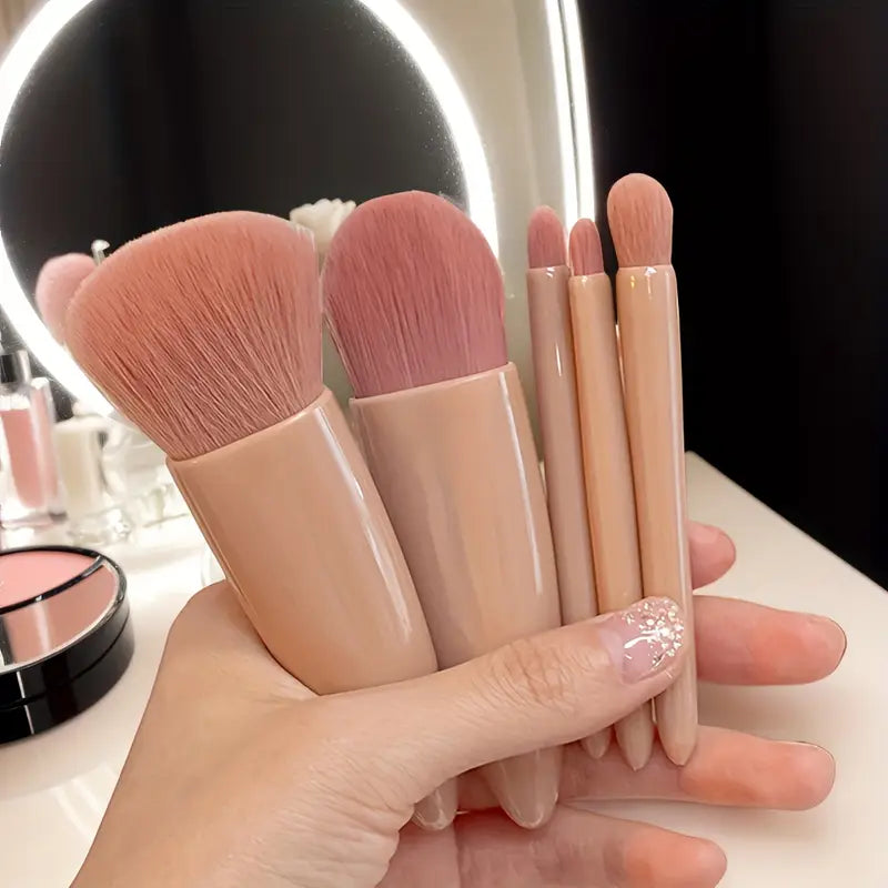 Portable 5-in-1 Mini Makeup Brush with Mirror – All-in-One Compact Beauty Tool for On-the-Go Touch-Ups