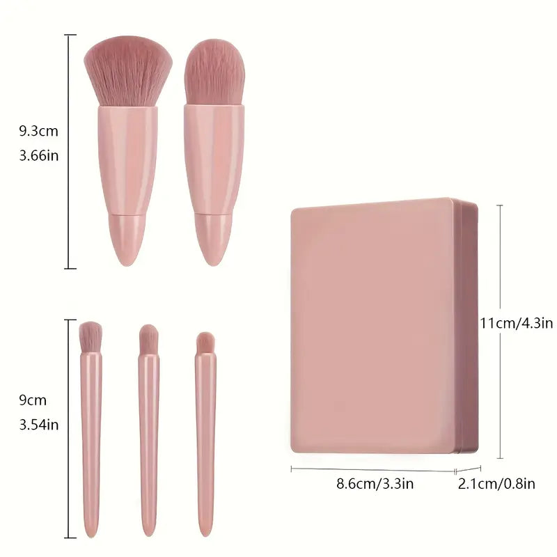 Portable 5-in-1 Mini Makeup Brush with Mirror – All-in-One Compact Beauty Tool for On-the-Go Touch-Ups