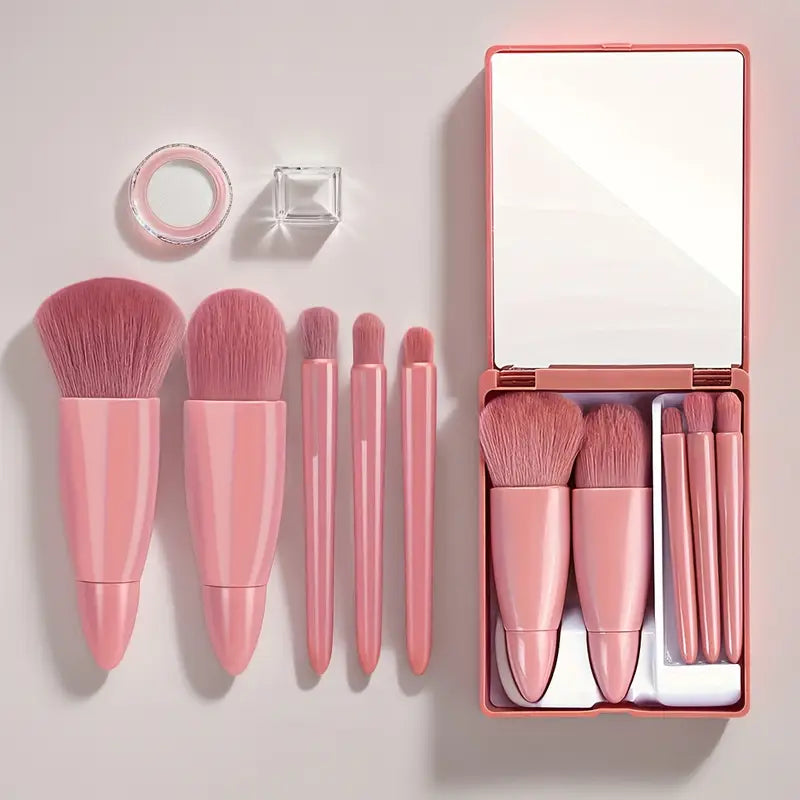 Portable 5-in-1 Mini Makeup Brush with Mirror – All-in-One Compact Beauty Tool for On-the-Go Touch-Ups